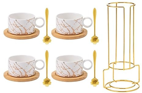 Juego de 4 tazas de café con borde dorado, con cuchara, tazas de espresso de porcelana, taza de mármol, taza de café de cerámica, tazas de té y platillos (4 blancos)