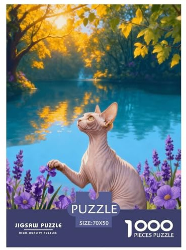 Puzzle Chat sans Poils 1000 Pièces pour Adultes Et Enfants, Jeu D'Intelligence, Casse-tête Buisson Fleuri Bord du Lac, Décoration Intérieure, Cadeau Anniversaire 70x50cm/1000pcs
