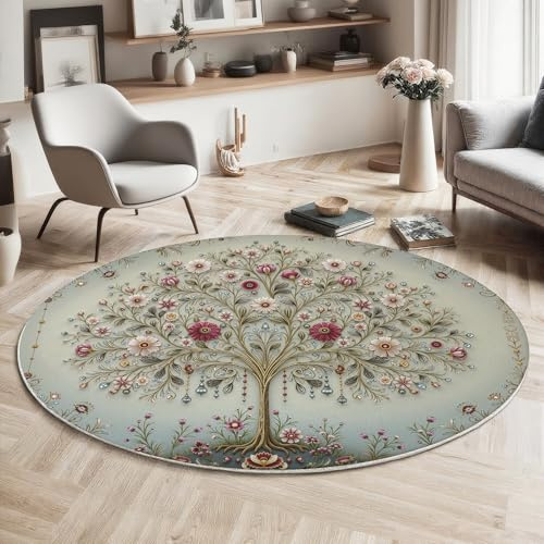 ALTCIRNMD Komplexer Baum Gräulich-Weiß Weicher Runder Kurzflor-Teppich Prächtige Pflanzen Für Wohnzimmer & Schlafzimmer,Einfache Pflege,Heimbüro-Dekoration,80Cm Durchmesser