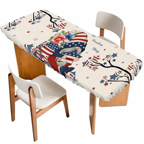 Litter Star Fitted Tablecloth for 8ft Table, Independence Day Dwarfs Fitted Elastic Edge Table Cover for Rectangle Tables, Opium Poppy on Retro Linen Waterproof Tablecloths for Kitchen