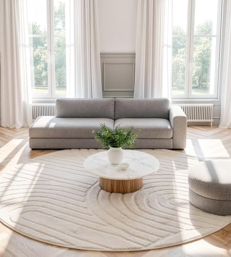 ROHATIM Runder Teppich Beige Ø 80 cm mit Relief-Struktur Kreise, Weicher Soft-Flanell, rutschfest, Waschbar & Faltbar, Deko-Akzent für Kinderzimmer & Leseecke