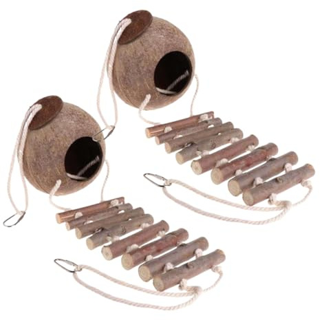 INOOMP 2pcs Coconut Shell Bird Nest Decorative Nesting Box with Ladder Hanging Design Natural Wood Comfortable Habitat Stimulates Exploration for Outdoor Gardens and Bird Cages Suitable