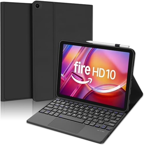 Keyboard Case for Fire HD 10/10 Plus 10.1 inch (13th/11th Gen 2023/2021) | QWERTY UK Layout Keyboard Multi-Touch Trackpad, Smart Stand Folio Cover with Pencil Holder, Black