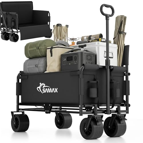 SAMAX Bollerwagen bis 200kg - 2in1 mit Bank - Faltbarer Handwagen Gartenwagen Strandwagen - Klappbar Offroad Transportwagen - Festival Edition in Schwarz
