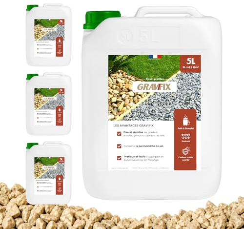Gravifix, Liant Gravier extérieur 5L, Colle pour Cailloux extérieur et paillis, Jardins secs, Allées Bordures, Incolore, Sol perméable, Résistant UV, Jusqu à 10m2 (4x5L)