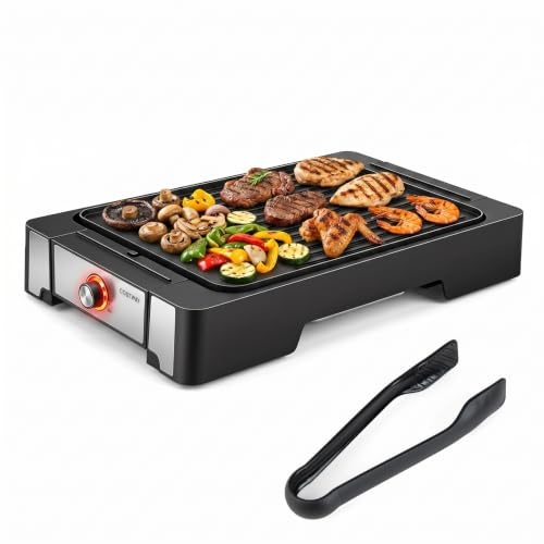 COSTWAY 2-in-1 Electric Grill and Griddle, 2300W Non-Stick Table Grill | 2 Cooking Surface, Adjustable Temperature, Removable Drip Tray, Dishwasher Safe Parts, Tong, Indoor Outdoor BBQ Griddle