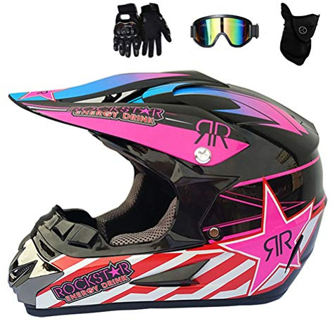 MRDEAR Motocross Casco Bambino, Nero e Rosa/ Certificazione DOT, Casco Moto Cross MTB Caschi Off Road ATV Downhill Scooter con Occhiali Maschera Guanti per Donna Uomo Adulto,L