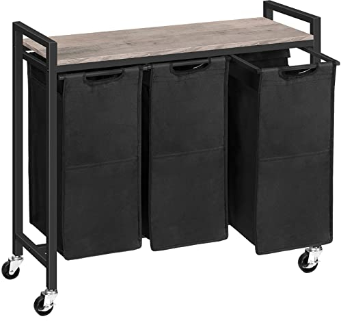 HOOBRO Wäschekorb 3 Fächer, Wäschesammler mit Ablage, Wäschebox, Wäschewagen mit Rollen, 3 x 39,8 L, Wäschesack aus Oxford-Gewebe, Greige-Schwarz EBG38XY01G1