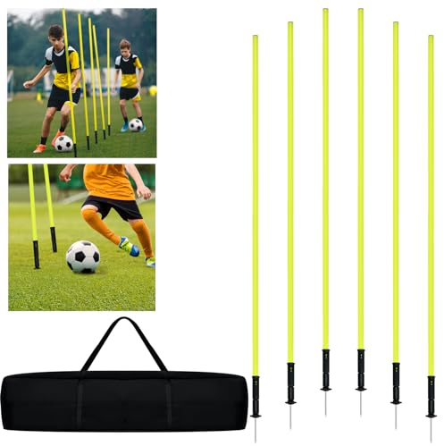 XMTECH 6er Slalomstangen Set - 1.8m Slalom Stangen mit 10 cm Lange Metallspitze und Tragetasche, Sprunghafte Agilität Stangen Hürdenstangen für Fußballtraining Tormarkierung Slalomtraining