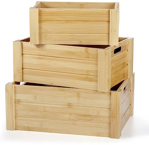 Hacaroa Set of 3 Bamboo Nesting Crates with Handles, Decorative Farmhouse Rustic Storage Boxes, Stackable Bamboo Basket Container Bins for Fruit, Vegetable, Bedroom, Office, 3 Sizes, Natural