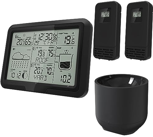 Miraval Design Funk-Wetterstation mit 2 benennbaren Sensoren + Regenmesser Mondphasenanzeige Luftfeuchtigkeit Temperaturanzeige Alarm (Schwarz)