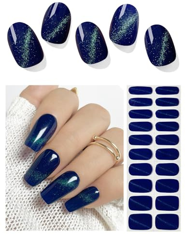 AutyaMee Semi Cured Gel Nail Strips (Sapphire Blue Cat Eye), 20 Pcs Gel Nail Wraps, Stickers, UV Light Required, Salon Quality, Long Lasting