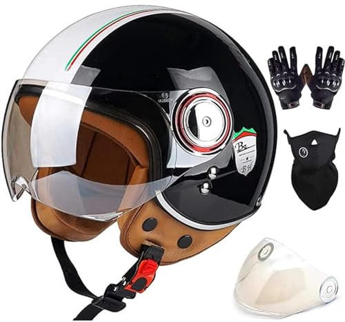 QJWMatic 3/4 Retro Motorrad Halbhelme Jethelme Roller-Helm Mit Visier Offener Scooter-Helm Für Damen Und Herren Erwachsene ECE-Zugelassen H,S55-56CM