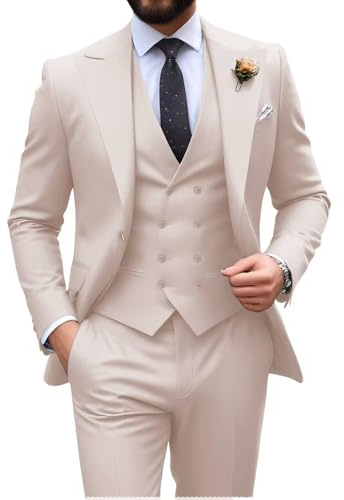 Mens Suit Slim Fit 3 Piece Double Breasted Beige Suit Men Formal Tuxedo Set Casual Wedding Groom Suits Large
