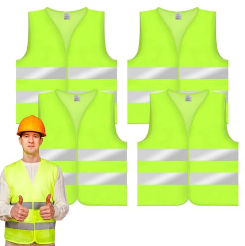 Qcdou Gilet Alta Visibilità, Set di 4 Gilet ad Alta Visibilità, Gilet ad Alta Visibilità Riflettenti Giallo Neon, Gilet di Sicurezza Riflettenti a 360° per Auto e Camion, Gilet Catarifrangente Uomo