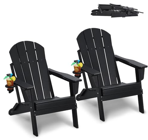 VEVOR Adirondack plaststolar set med 2, hopfällbara bärbara väderbeständiga utomhusstolar för uteplats med mugghållare, ergonomiskt avslappnande armstöd, för innergård, svart