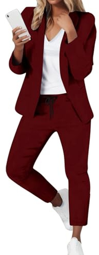 Abito da donna in 2 pezzi, Blazer a tinta unita aperto sul davanti e pantaloni a matita | Elegante set con risvolto dentellato a doppio petto da donna | Blazer da lavoro per ospiti di nozze, bordeaux