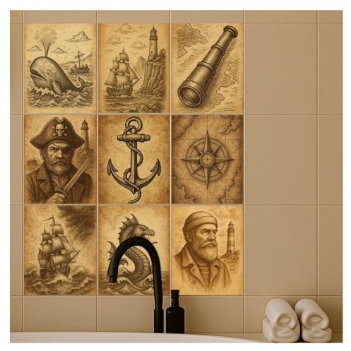 FoLIESEN Fliesenaufkleber für Bad, Küche, Badezimmer - Fliesen-Folie selbstklebend - Deko-Aufkleber - Die 9 Zeichen der See, .:15x20 cm - 9-tlg.