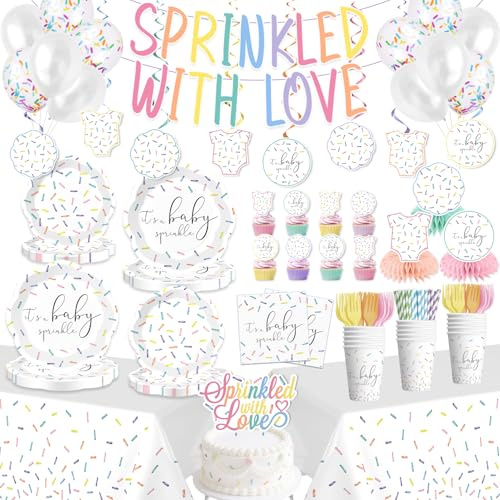 Xynic 191Pcs Baby Sprinkle Decorations Set with Petal-shaped Plates, Napkins, Serves 25, 2 Tablecloths, Sprinkled with Love Baby Shower Banner, Cake Topper, for Baby Sprinkle Decorations for Girl