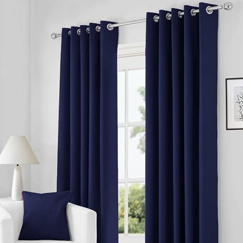 RayyanLinen Readymade Blackout Thermal Eyelet Ring Top Pair of Curtains Including 2 free Tiebacks (NAVY BLUE, Width 46 x Drop 54)
