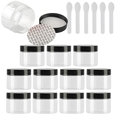 TIANZD 12 Stück Kleine 150 ml Transparent Kunststoff Leere Cremedose Dose mit Schwarz Deckel 150 g Leerdose Schraubdose Blechdosen Kosmetische Behälter Tiegel, 6 Stück Spatel