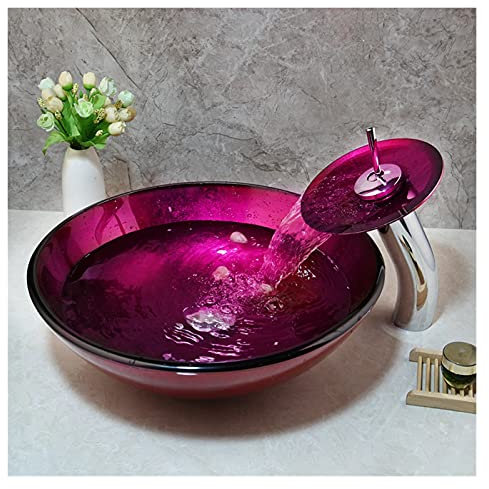 sararui Waschbecken Einzigartiges gehärtetes Glas Badezimmer-Schiffs-Waschbecken Badezimmer-Counter-Top-Waschraum-Kabinett-Toilettenwaschtisch □ Rose Rot Aufsatzwaschbecken (Color : B)