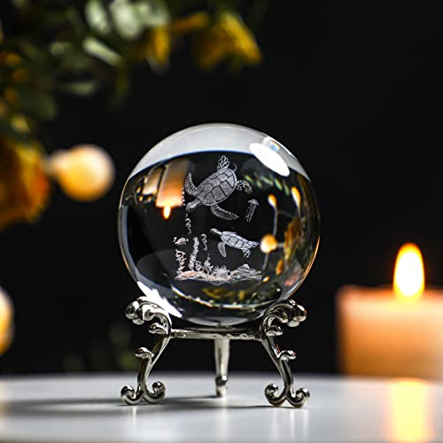 ZEERSHEE Briefbeschwerer mit 3D-Glas-Laser-Meeresschildkröte, 60 mm, Kristallkugel mit Ständer, Tischdekoration für Zuhause, Schildkröten, Geschenke für Kinder und Frauen