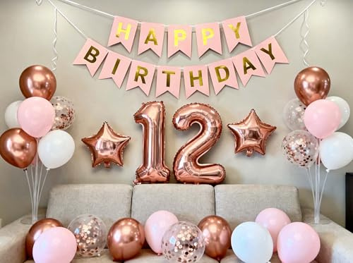 12 Geburtstag Dekorationen Roségold für Mädchen, Birthday Banner Roségold Nummer 12 Geburtstags Luftballon Stern Folieballon Konfetti Ballons für 12 Jahr Geburtstags Deko Mädchen