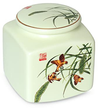 Dahlia Famille Rose Porcelain Tea Canister for Loose Tea, Airtight Jingdezhen Tea Caddy, Dancing Birds 325 ML