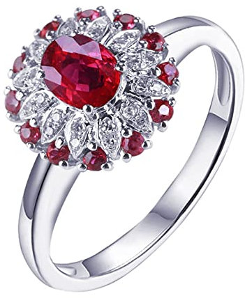 Epinki Echt Gold Solitärring Weißgold 18K Frauen, Rubin Verlobungsring Rot 0.79ct Blumen Freundschaftsringe Weißgold 750 mit Diamant, Gr.57 (18.1)