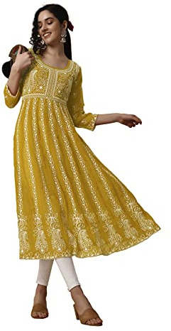 EthnicJunction Damen Georgette Chikankari Stickerei Anarkali Kurta & Dupatta Set, Senf, Large