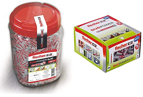fischer 557383 DUOPOWER Dübel, Grau/Rot, 6x30/750uds & DUOPOWER 6 x 50, Universaldübel, leistungsstarker 2-Komponenten-Dübel, Kunststoffdübel zur Befestigung in Beton, Ziegeln, Stein, 100 Stück
