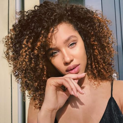 PORSMEER Lockige Afro Perücke Braun Mix Blond Natürliche Kunsthaar mit Pony für Frauen Schulterlänge Afro Kinky Curly Bob Wig Volume für Schwarze Damen,14 Zoll ombre brown
