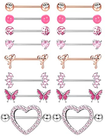 Adramata 8 Paires 14G Piercing Teton Femme en Acier Chirurgical avec Cœur Papillon - Anneaux de Mamelon Bijoux Corps pour Langue