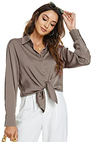 Atnlewhi Damen Bluse Langarm Knöpfen Satin Seide Hemden Basic Kent Kragen Arbeit Büro Formelle Casual Blusen Shirt - Braun - S