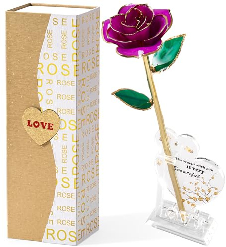 Mikasol Gold Getaucht 24K FüR Immer Bewahrte Rose, Flower Decor Hand Eingetaucht Romantisches Geschenk FüR Frauen In Ihre Frau Freundin GeburtstagsjubiläUm Valentines Muttertag Weihnachten (Lila)