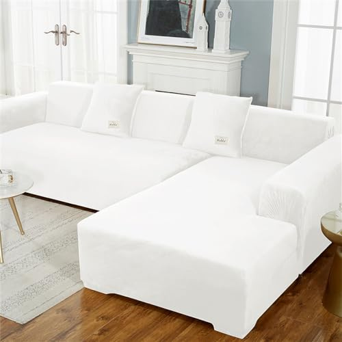 Lukery Stretch Sofabezug rutschfest Sofaüberwürfe mit Armlehnen, Samt Universal Wohnzimmer All-Inclusive Ecksofa L Form Sofa/Sesselbezug für Hotel Schlafzimmer Zuhause (Weiß,3 Sitzer)