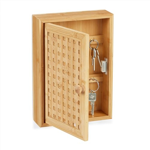Relaxdays Cassetta Portachiavi da Muro, in bambù, 8 Ganci, Stile Rustico, Appendichiavi, 27 x 19 x 7,5 cm, Naturale
