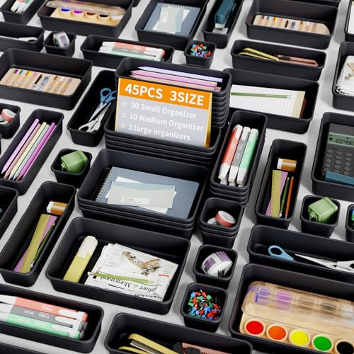 45 Stücke Schubladen Organizer Büro Mit 3 Größen, Schminktisch Make Up Organizer Schublade, Aufbewahrung Schreibtisch Organizer Schubladen Ordnungssystem für Küchen, Schmuck, Schlafzimmer, Bad, Büro