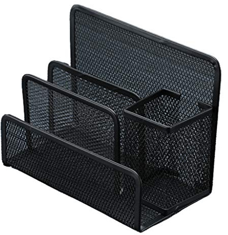 Porte-stylo en métal noir avec 3 sections - Organiseur de bureau translucide - Trieur de fichiers - Porte-courrier - Porte-lettres pour enveloppes, courrier, électronique, vêtements, bijoux