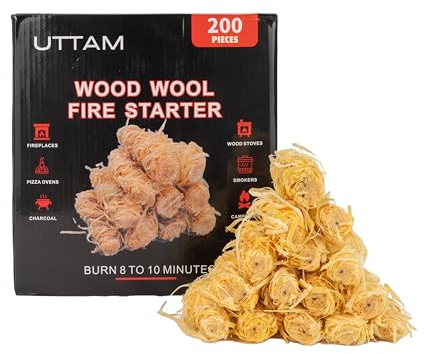 UTTAM - 200 Natural Fire lighters - Fire Starters for BBQ, Stove, Fireplace, Fire Pit - Eco-Friendly Fire Lighters for Wood Burners, Eco Wood Wool Firelighters