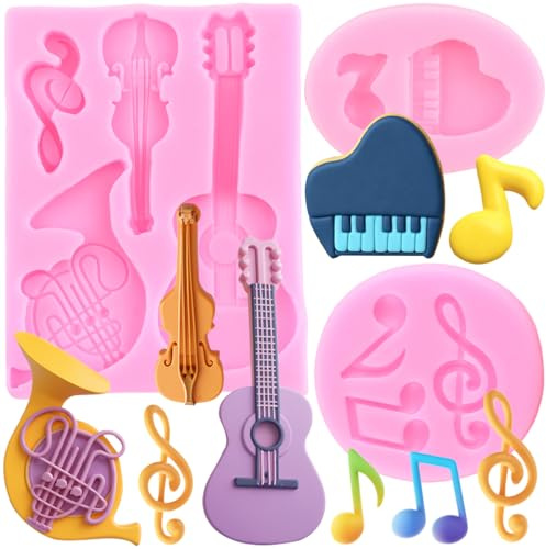 RFGHAC Music Note Silicone Mould Musical Instrument Fondant Moulds Guitar Piano Candy Mould for Cake Decorating Chocolate Gum Paste Set of 3