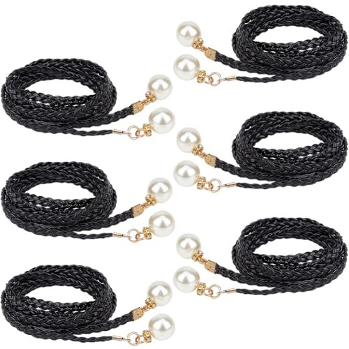 CRASPIRE 6 Stück Damen Taillengürtel Schwarz PU Leder Seilgürtel Geflochtener Taillengürtel Seilkette Gewebter Quastenkettengürtel Mit Kunstperle Schmaler Bindegürtel Boho Fransengürtel Für Rock Kleid