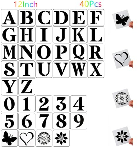 Lot de 40 pochoirs réutilisables en plastique pour lettres et chiffres de 30,5 cm pour peinture sur bois, mur, tissu, roche, tableau noir, panneaux, projets artistiques de bricolage