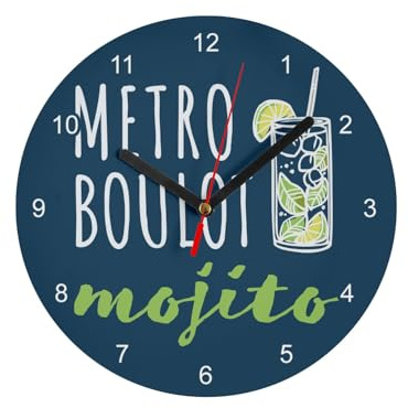 Fabulous Horloge Murale en Verre - Métro Boulot Mojito Apéro Rhum Cocktail - Diamètre 20 cm - Bleu