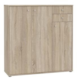 möbelando Sideboard >TEMPRA2< in Sonoma Eiche Dekor mit 3 Türen, 2 Schubladen, 4 Einlegeböden und 30 kg Oberbodenbelastung. Modernes Design, stabile Spanplatte. Zerlegt geliefert.