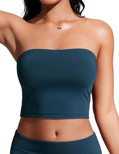 CRZ YOGA Longline Bandeau Bikini Tops for Women - Padded Strapless Adjustable Spaghetti Straps Swimsuit Bathing Suit Crop Tankini Insignia Blue Medium