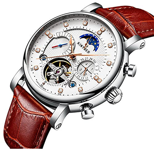 HFWXYSA Mode Herren Automatikuhren Tourbillon Mechanische Armbanduhr Mit Lederband Wasserdicht Mondphase Uhren Für Männer Herren,Silver Brown