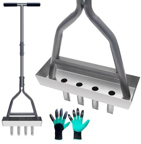 JAOGAUS Rasenlüfter mit 4 Zinken, Rasenbelüfter Spike Metall mit Ablageschale & Gartengeräten, Rasen-Kernbelüfter, T-Griff Spike Belüfter, Für Bodenauflockerung & Rasenpflege Bei Verdichtetem Boden