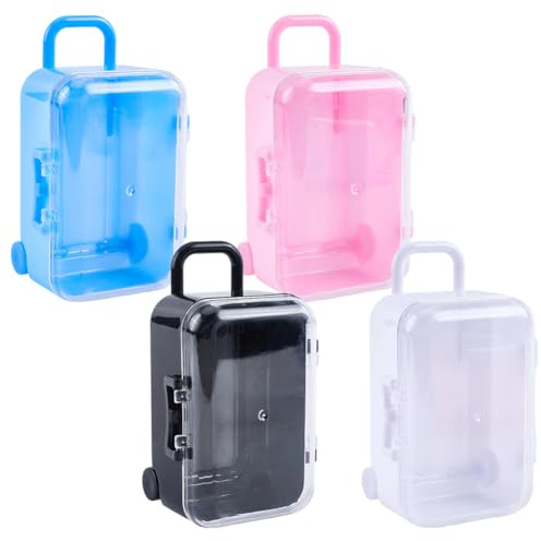 CREATCABIN 4Mini Reisekoffer Kunststoff Süßigkeitenbox Puppenkoffer Mini Gepäck Geschenkbox Für Empfang Winzige Reisegepäckkoffer Organizer Für Halsketten Ringe Schmuck(Blau/Rosa/Schwarz/Weiß)7x5x11cm